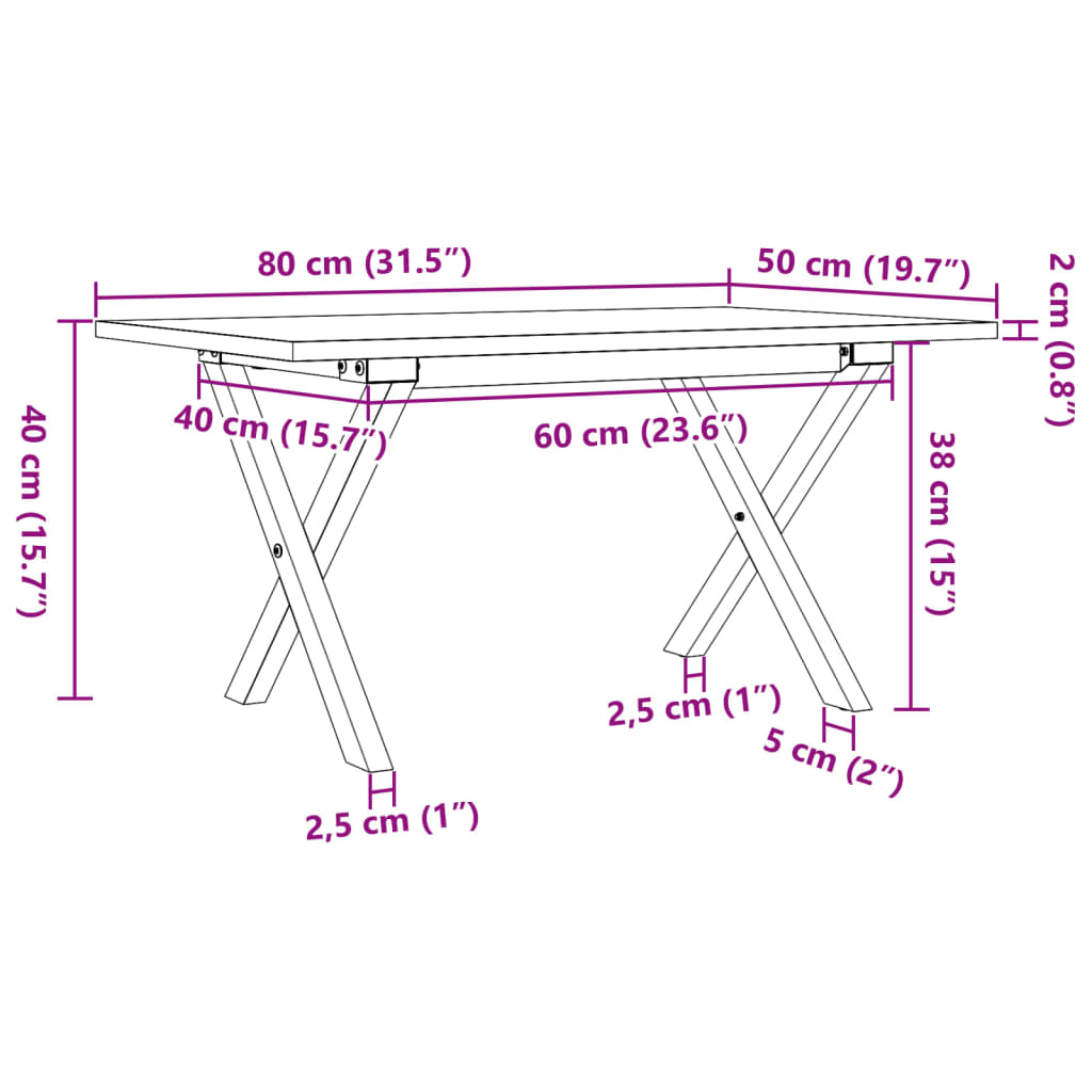 Mesa de centro estrutura em X 80x50x40 cm pinho e aço