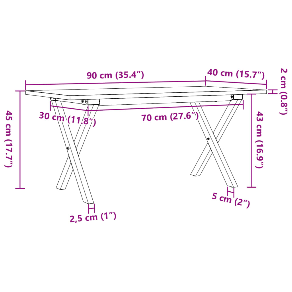 Mesa de centro estrutura em X 90x40x45 cm pinho e aço
