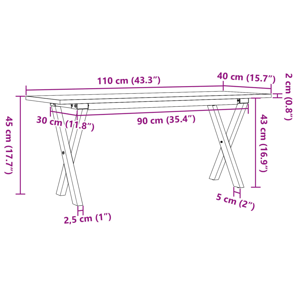 Mesa de centro estrutura em X 110x40x45cm pinho e aço
