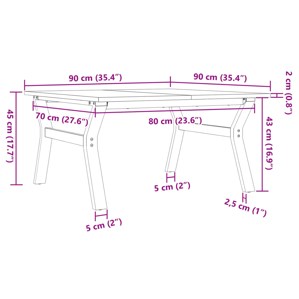 Mesa de centro estrutura em Y 90x90x45 cm pinho e aço
