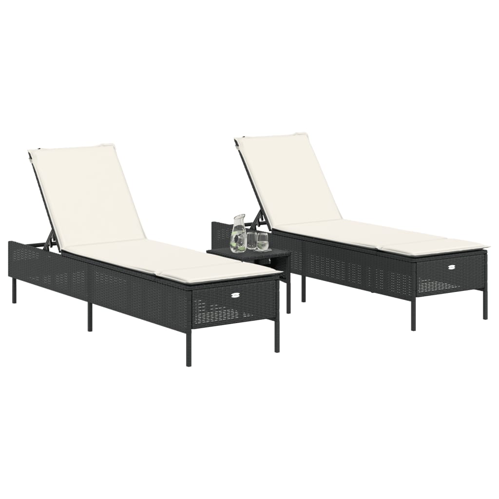 Conjunto de espreguiçadeiras com almofadão 3 pcs vime PE preto