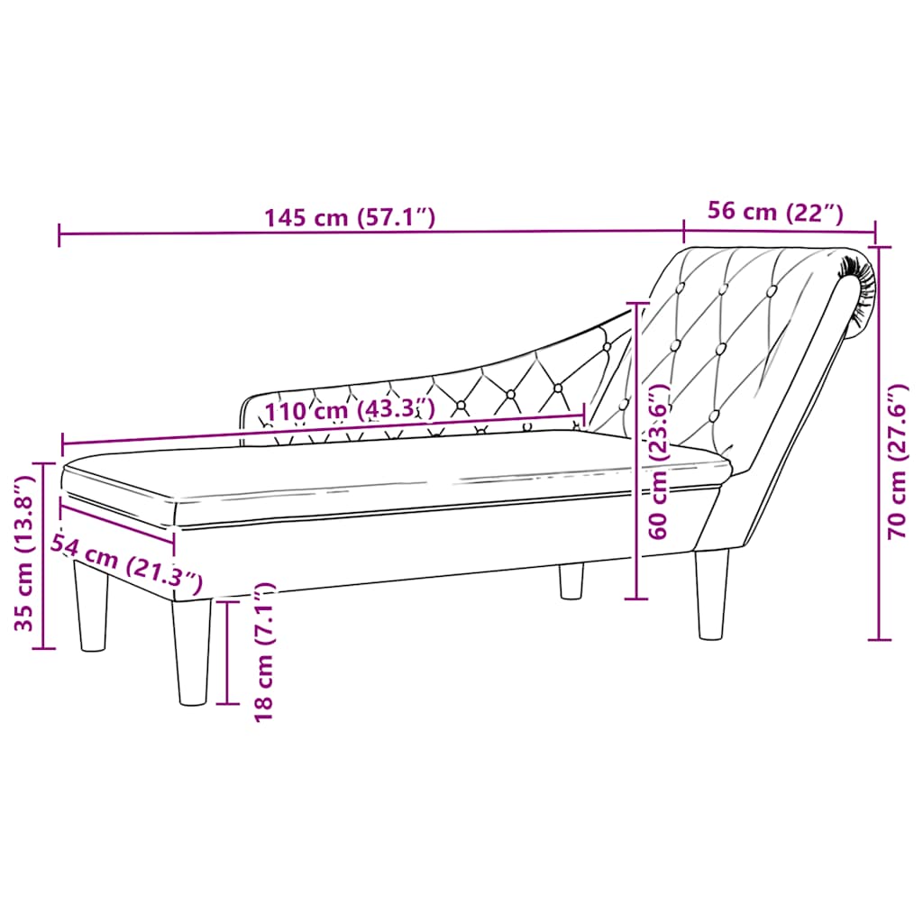 Chaise lounge c/ almofada/apoio de braços direito tecido