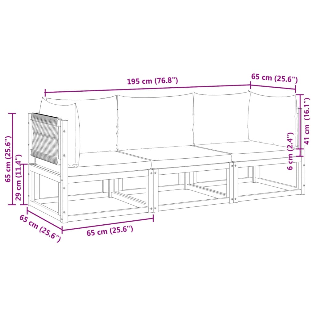 Conjunto de sofás de jardim vidaXL de 3 peças com almofadas de madeira de acácia e corda