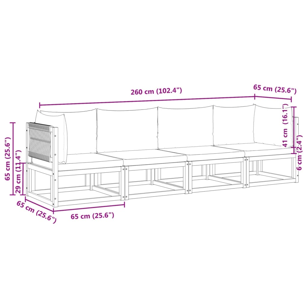 Conjunto de sofás de jardim vidaXL de 4 peças com almofadas de madeira de acácia e corda