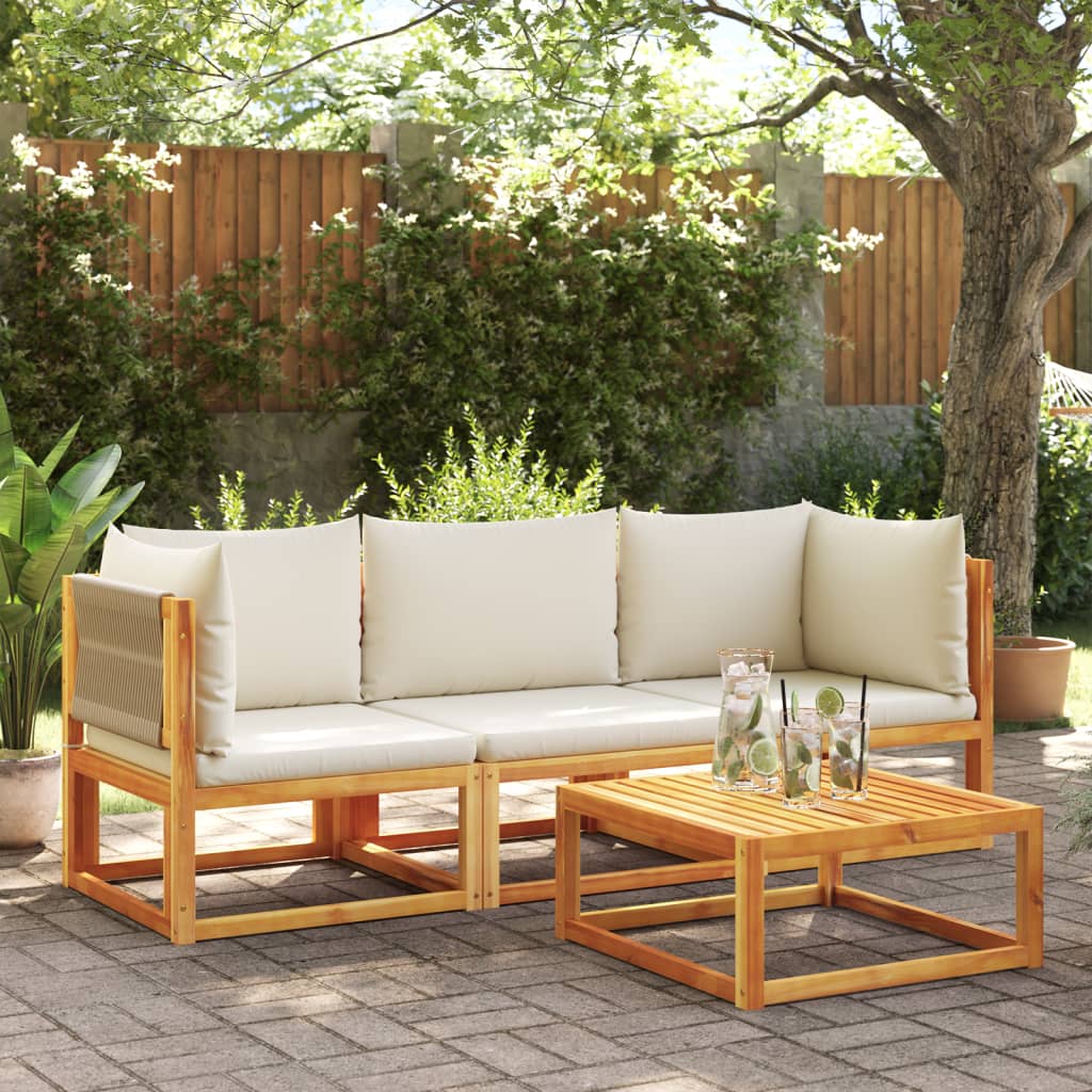 Conjunto de sofás de jardim vidaXL de 3 peças com almofadas de madeira de acácia e corda