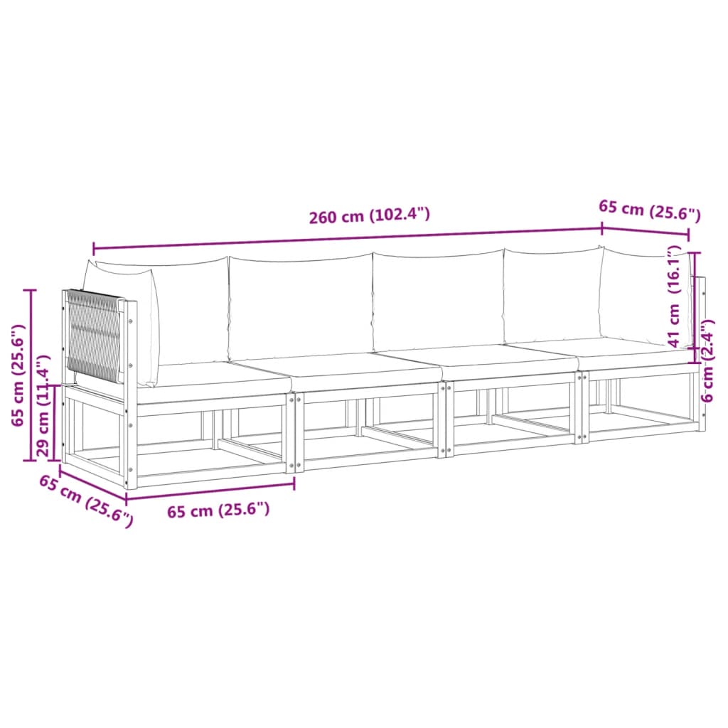 Conjunto de sofás de jardim vidaXL de 4 peças com almofadas de madeira de acácia e corda