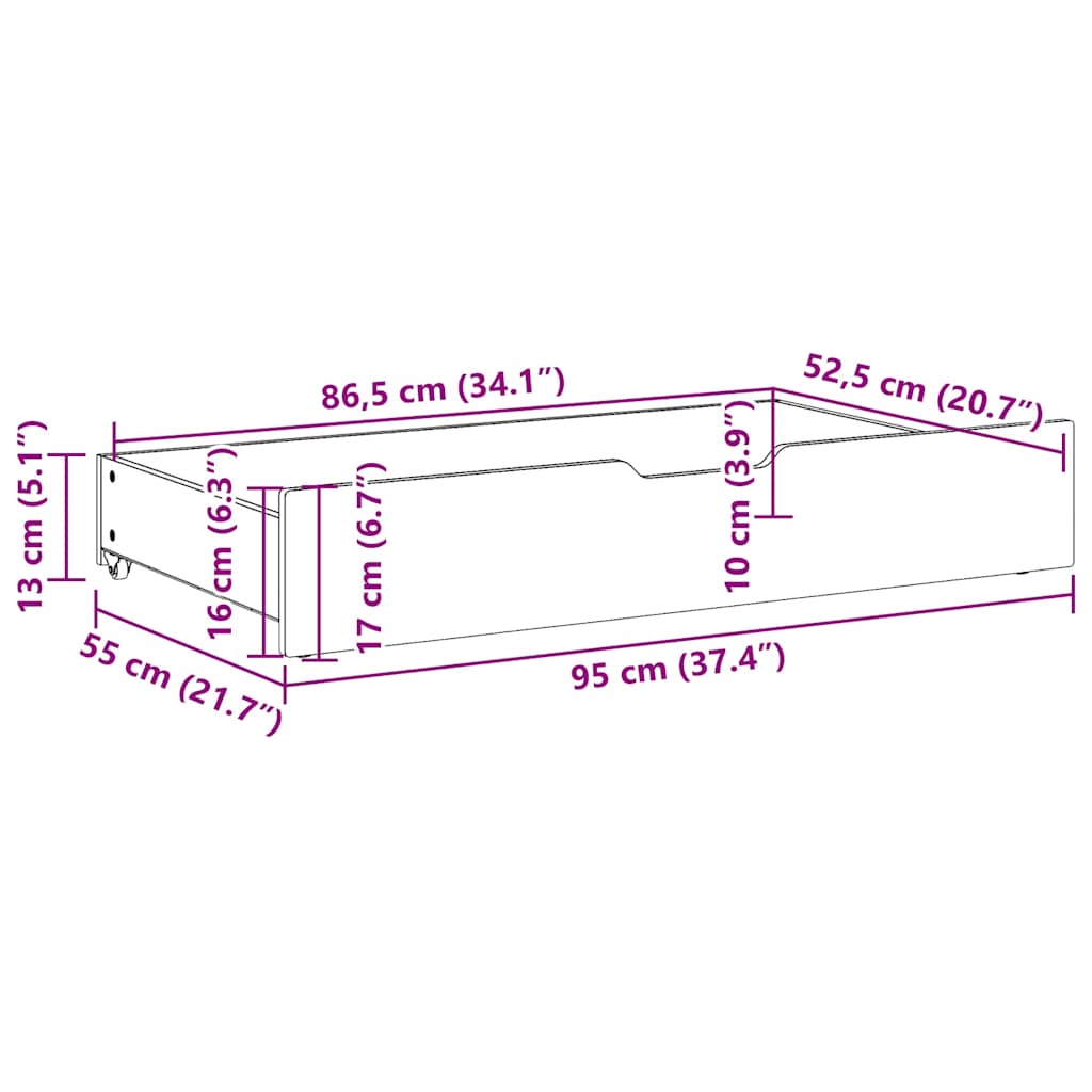 Gavetas para cama com rodas 2 pcs 95x55x17 cm pinho maciço