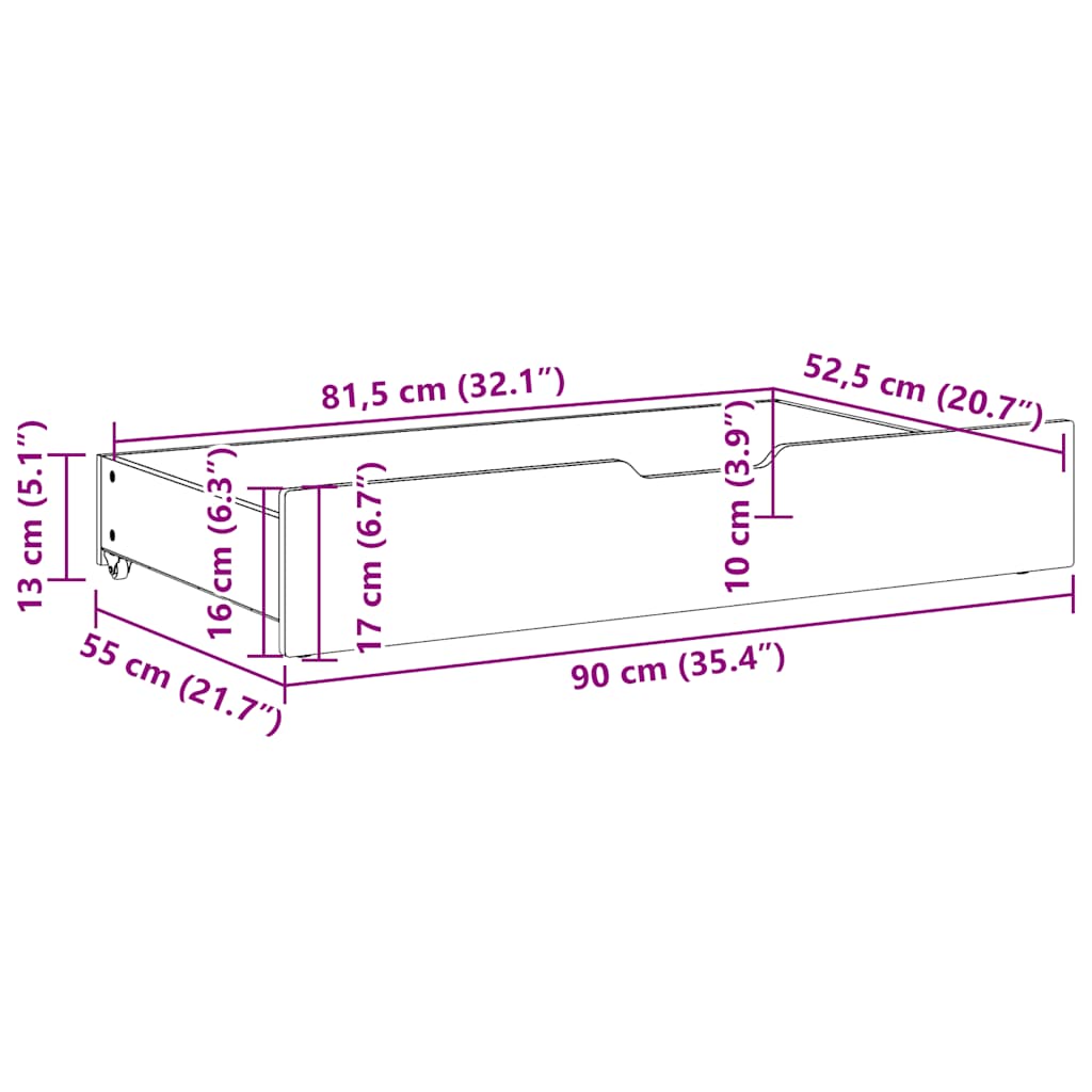 Gavetas para cama 2 pcs 90x55x17 cm pinho maciço branco