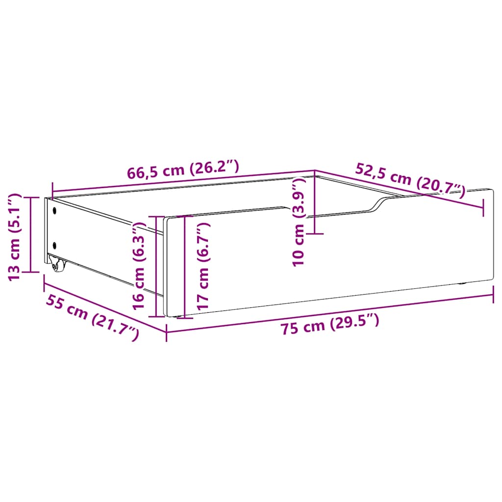 Gavetas para cama com rodas 2 pcs 75x55x17 cm pinho maciço