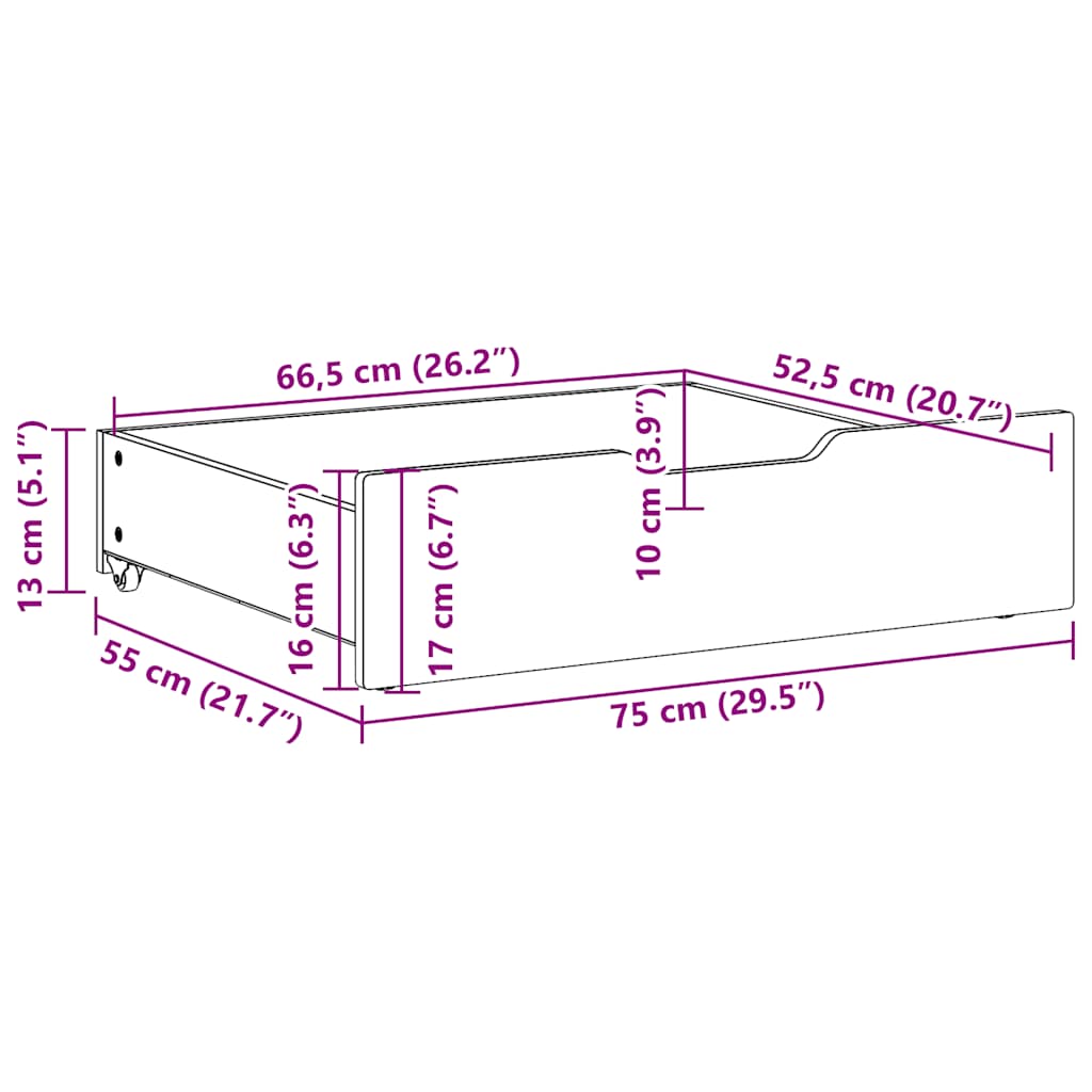 Gavetas para cama 2 pcs 75x55x17 cm pinho maciço branco