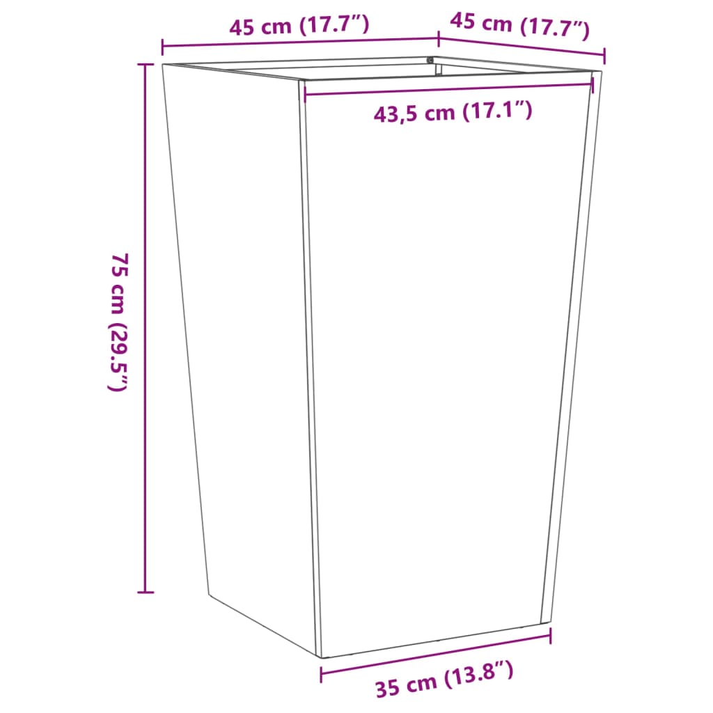 Vaso/floreira de jardim 45x45x75 cm aço branco