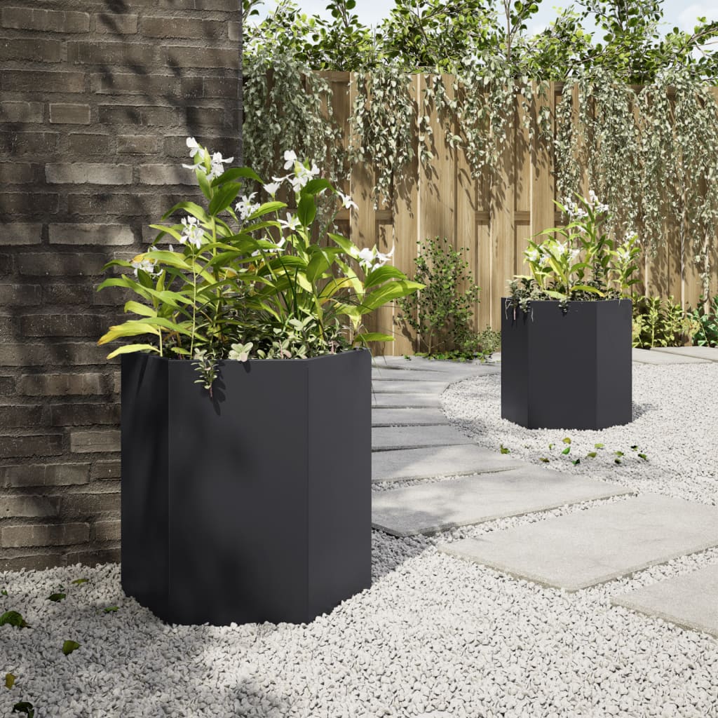 Vasos floreiras de jardim 2 pcs hexagonal 46x40x45 cm aço preto