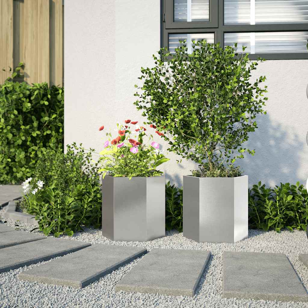 Vasos floreiras de jardim 2 pcs hexagonal 46x40x45 cm aço inox.