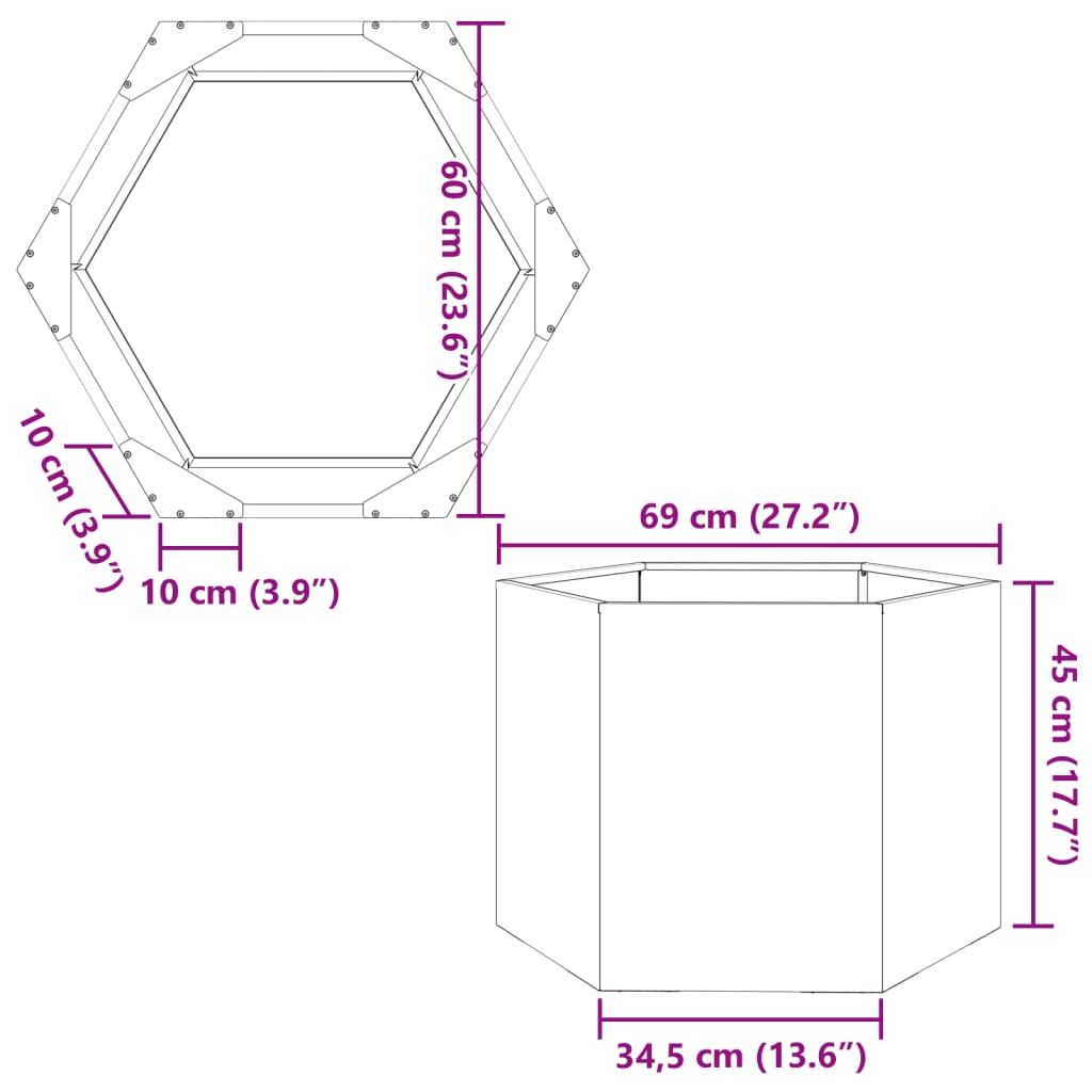 Vaso/floreira de jardim hexagonal 69x60x45 cm aço preto