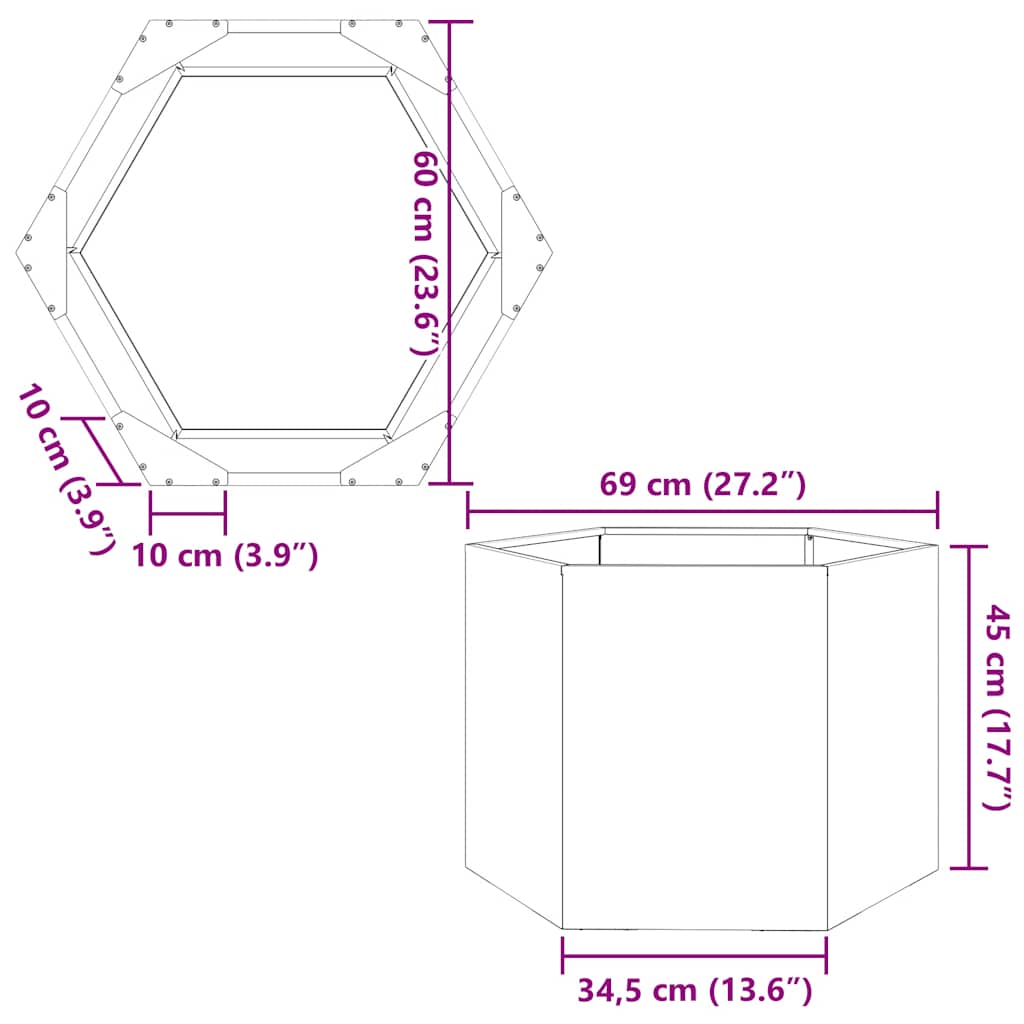 Vaso/floreira de jardim hexagonal 69x60x45 cm aço inoxidável