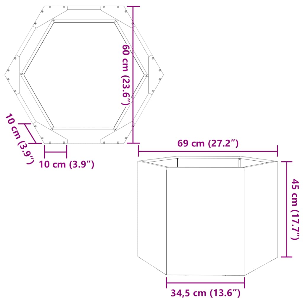 Vaso/floreira de jardim hexagonal 69x60x45 cm aço galvanizado