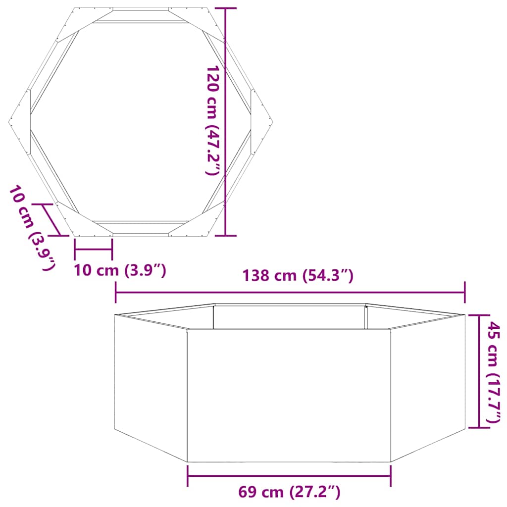 Vaso/floreira de jardim hexagonal 138x120x45 cm aço galvanizado