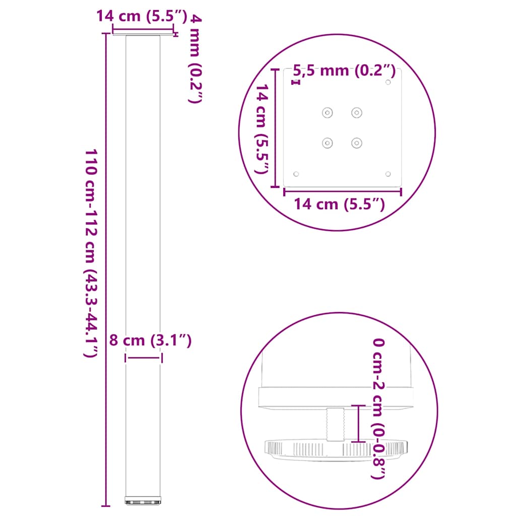 Pés para mesa de bar 4 peças, preto, 110-112 cm, aço