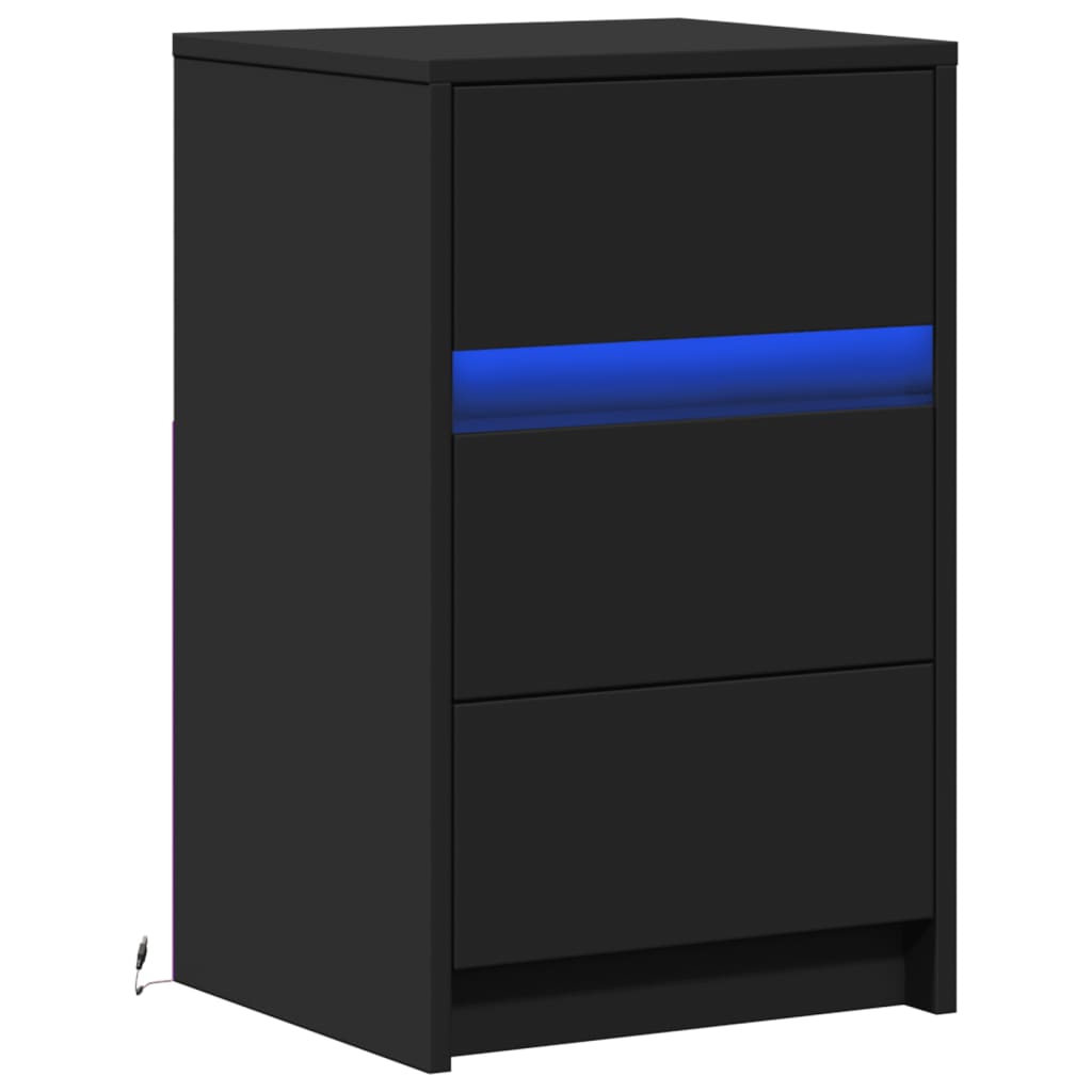 Mesa de cabeceira com luzes LED derivados de madeira preto