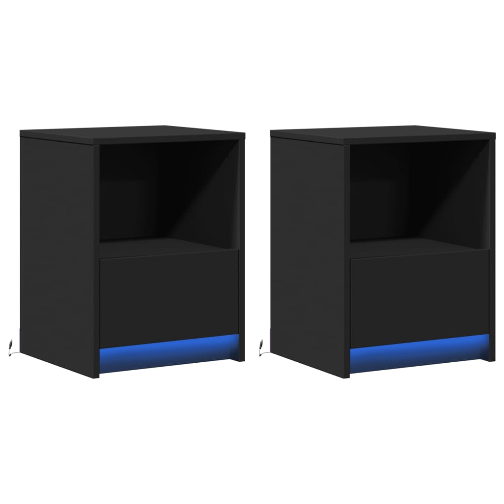 Mesas de cabeceira c/ luzes LED 2 pcs derivados madeira preto
