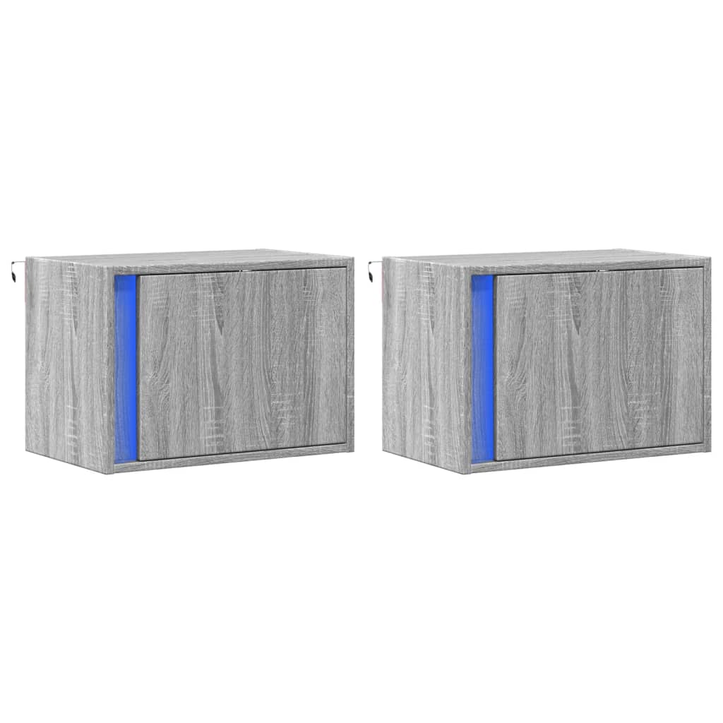 Mesas de cabeceira de parede com luzes LED 2pcs cinzento sonoma