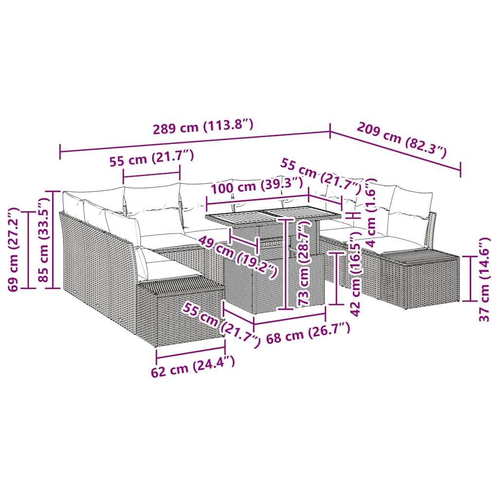 Conjunto de Jantar para Jardim com almofada 10 pcs Bege e Cinza