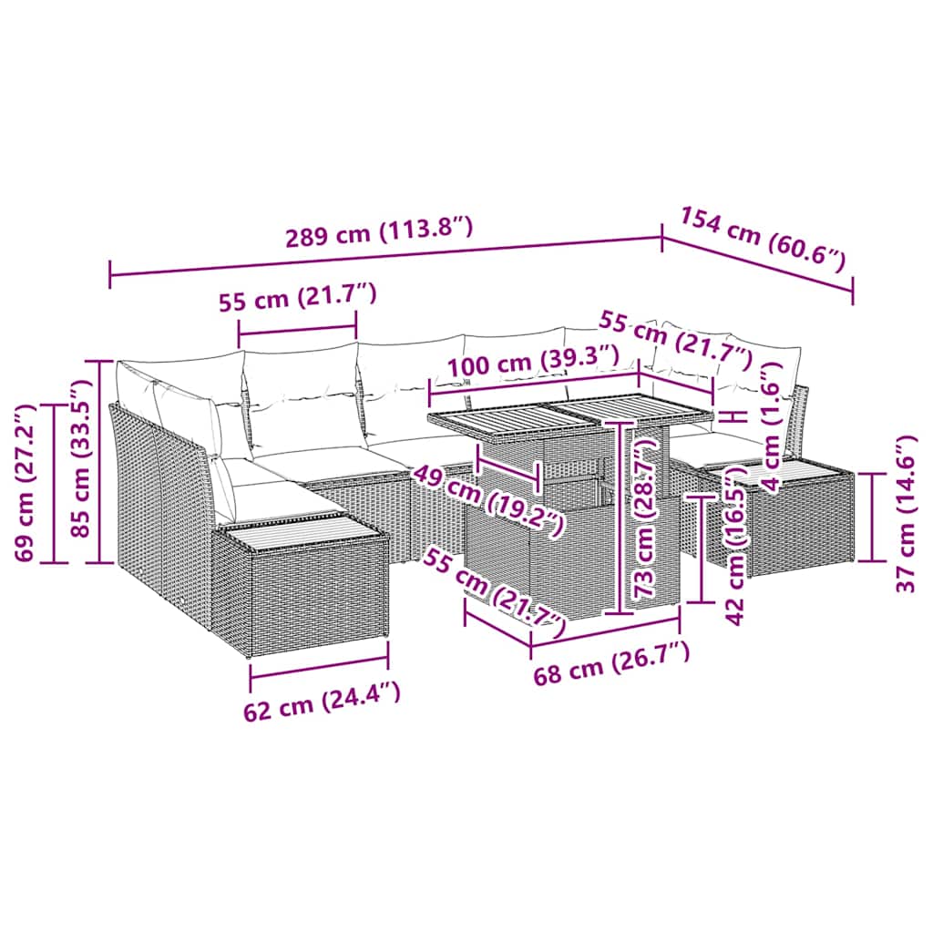 Conjunto de Jantar para Jardim com almofada 8 pcs Bege e Cinza