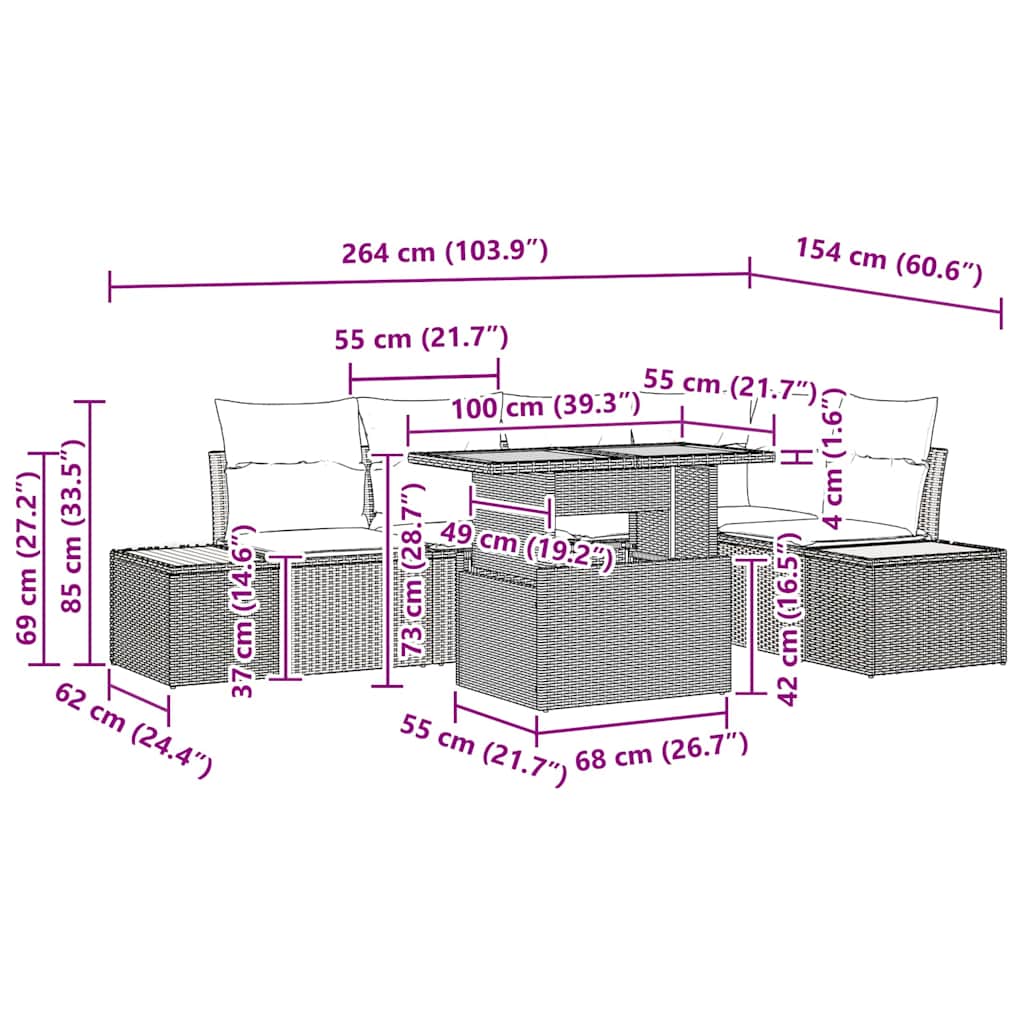 Conjunto de Jantar para Jardim com almofada 6 pcs Preto e Bege