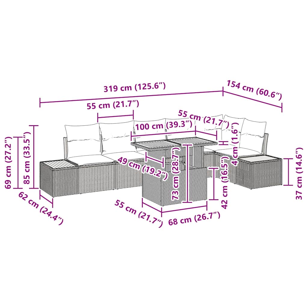 Conjunto de Jantar para Jardim com almofada 7 pcs Bege e Cinza