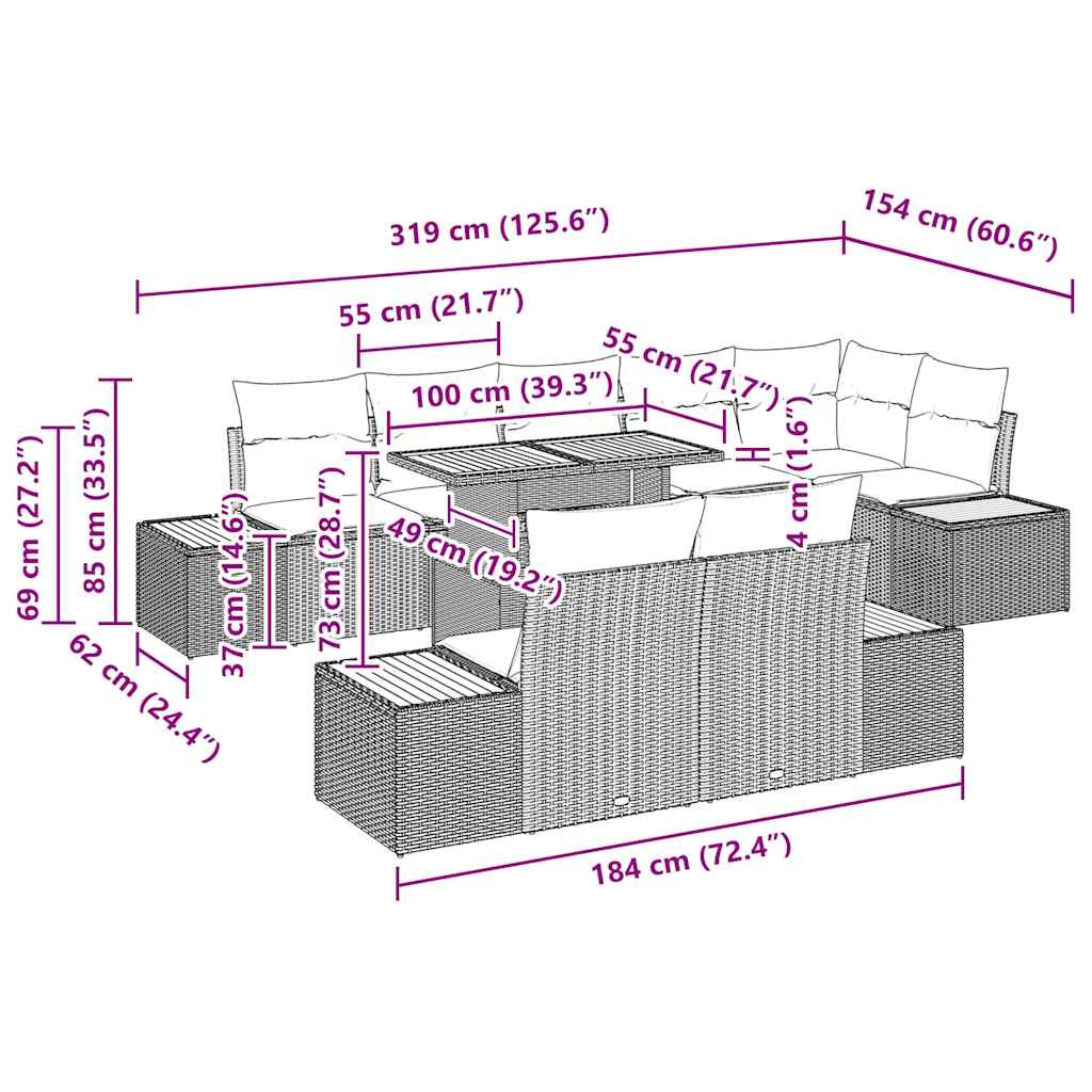 Conjunto de Jantar para Jardim com almofada 9 pcs Preto e Bege