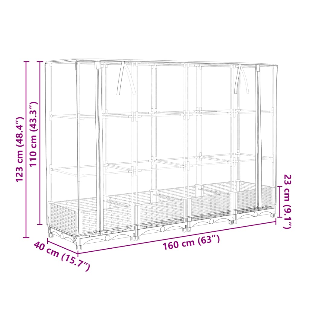Canteiro elevado com cobertura para estufa, estilo rattan, 160x40x123 cm