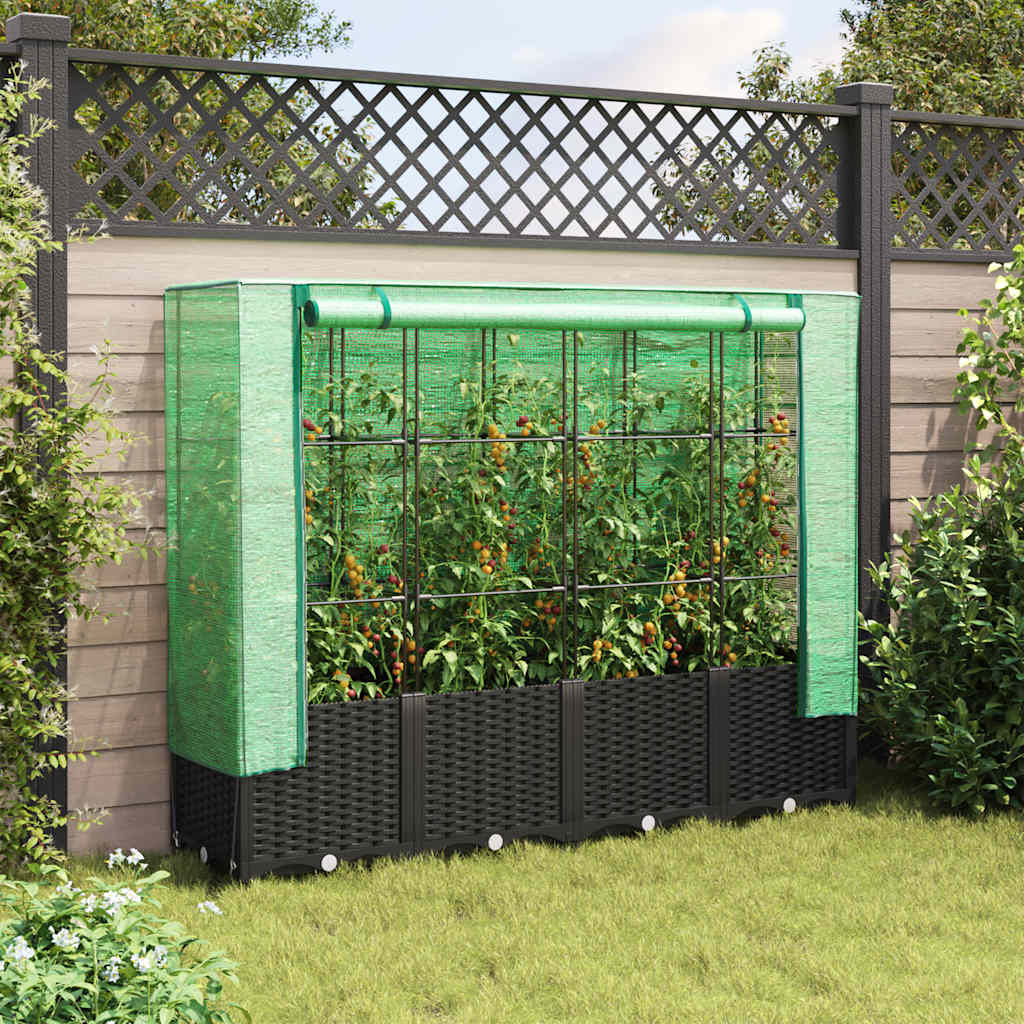Canteiro elevado com cobertura de estufa estilo rattan 160x40x138 cm
