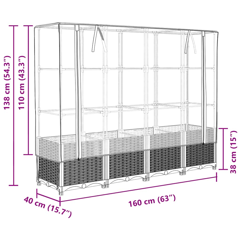 Canteiro elevado com cobertura de estufa estilo rattan 160x40x138 cm