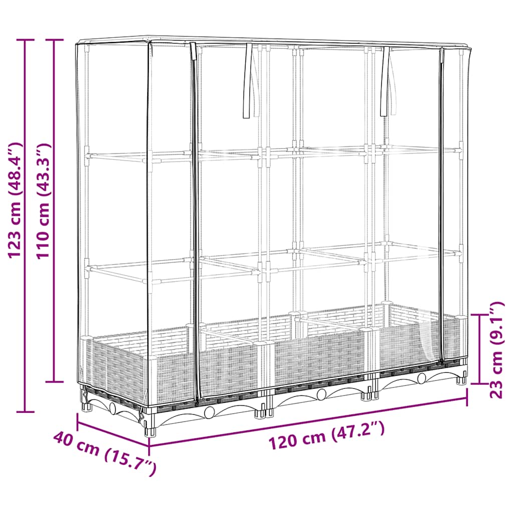 Canteiro elevado com cobertura para estufa, estilo rattan, 120x40x123 cm