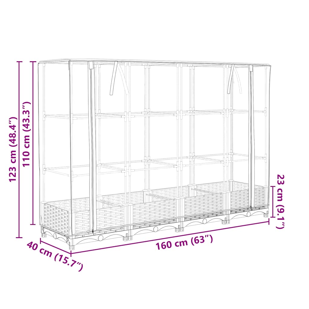 Canteiro elevado com cobertura para estufa, estilo rattan, 160x40x123 cm