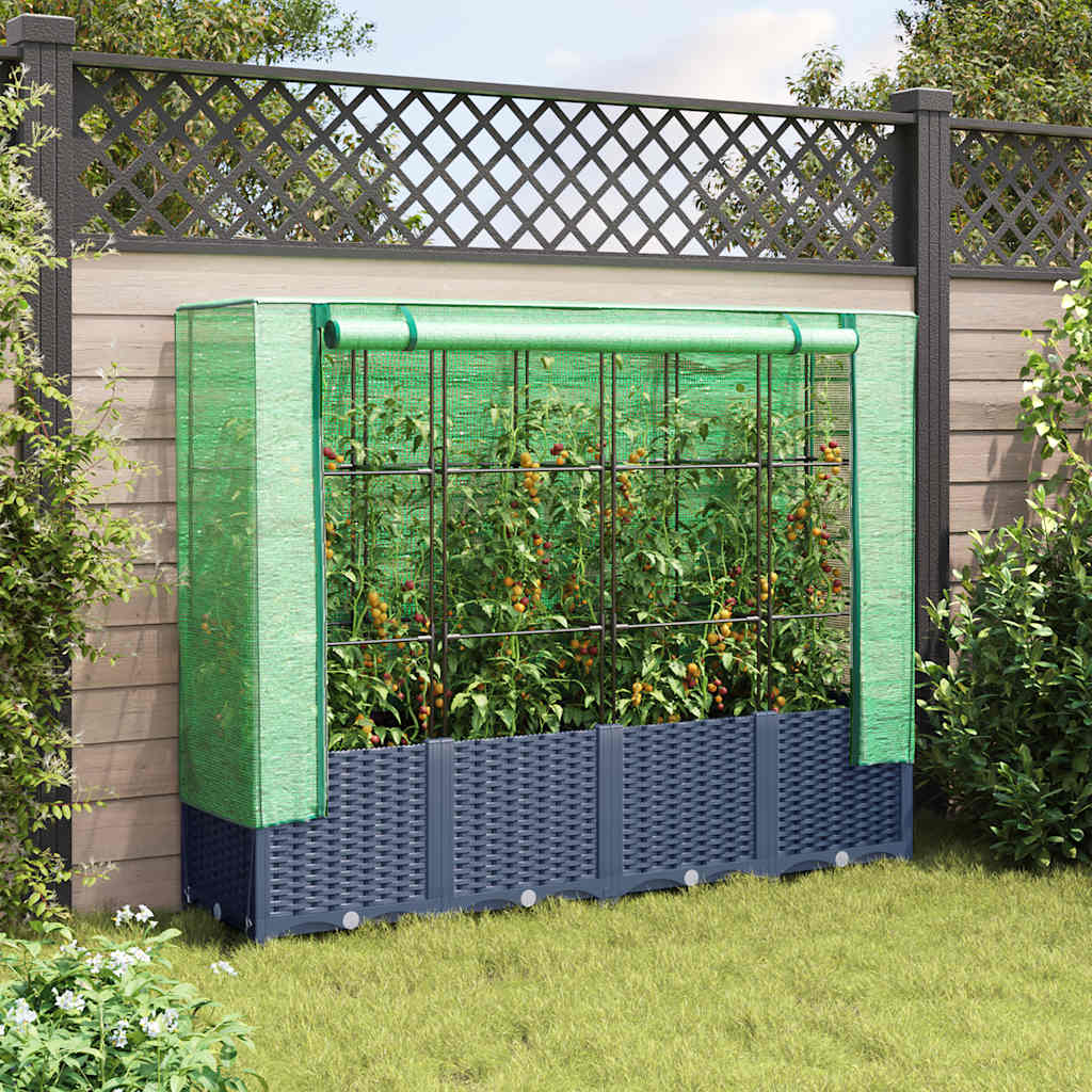 Canteiro elevado com cobertura de estufa estilo rattan 160x40x138 cm