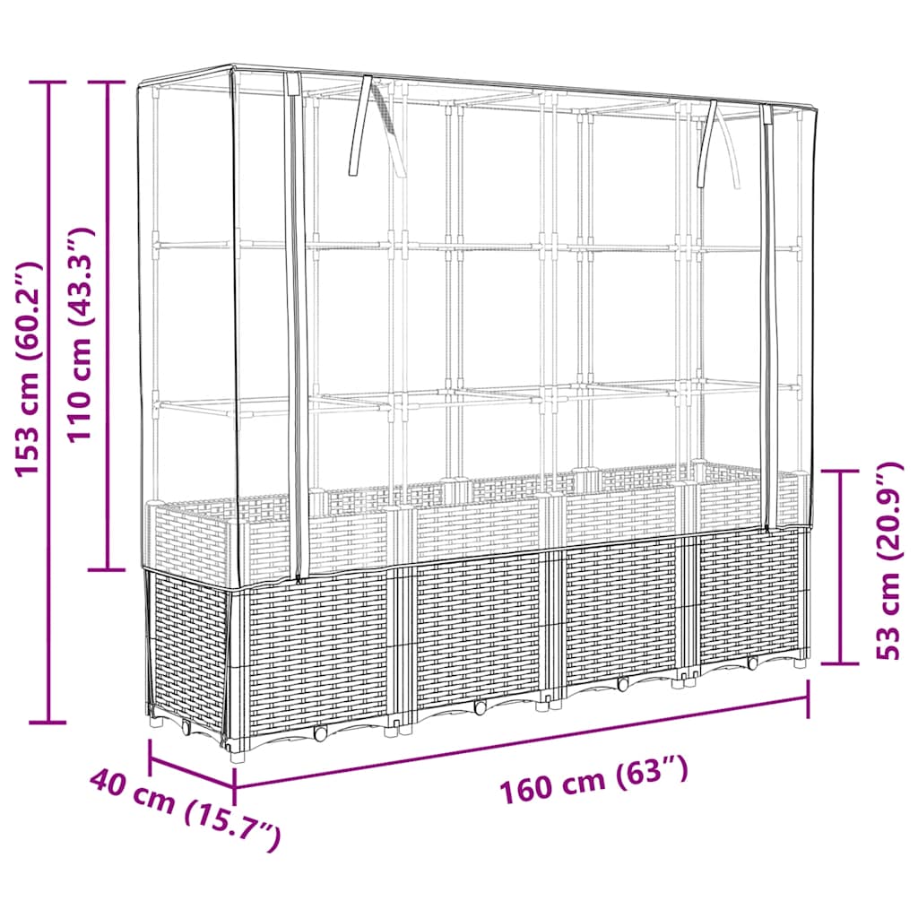 Canteiro elevado com cobertura para estufa, estilo rattan, 160x40x153 cm