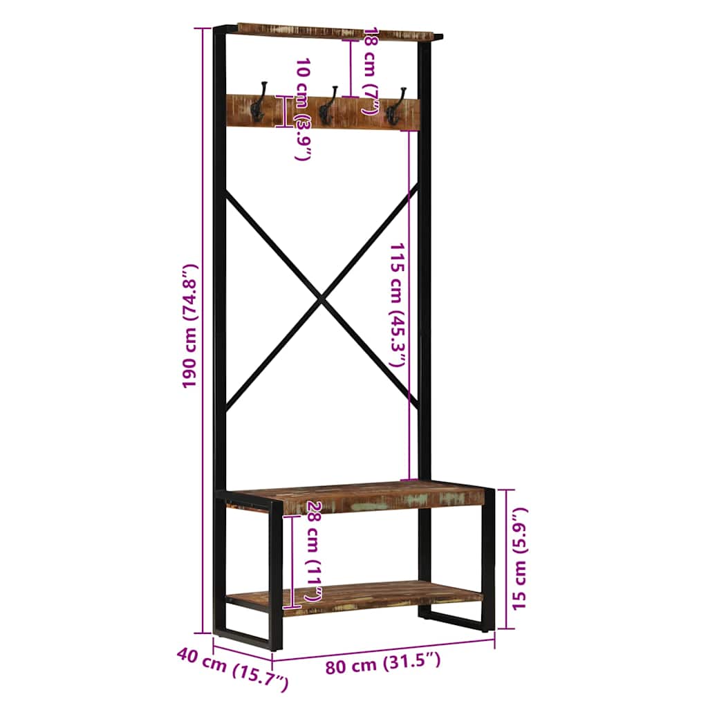 Suporte para roupas 80x40x190 cm madeira reciclada maciça