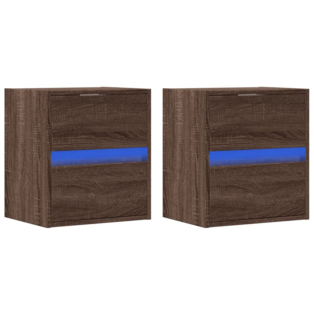 Mesas cabeceira de parede c/ luzes LED 2 pcs carvalho castanho