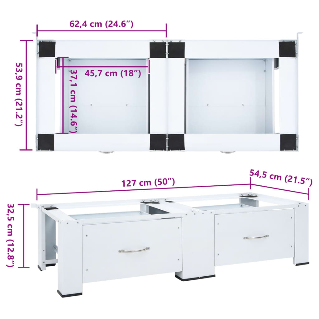 Máquina de lavar roupa dupla com pedestal e gavetas, branca
