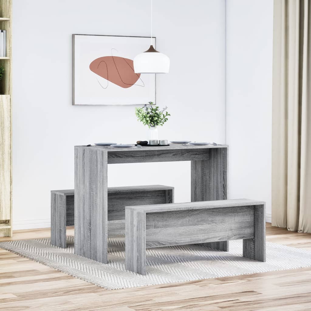 3 pcs conj. mesa jantar e banco deriv. madeira cinzento sonoma