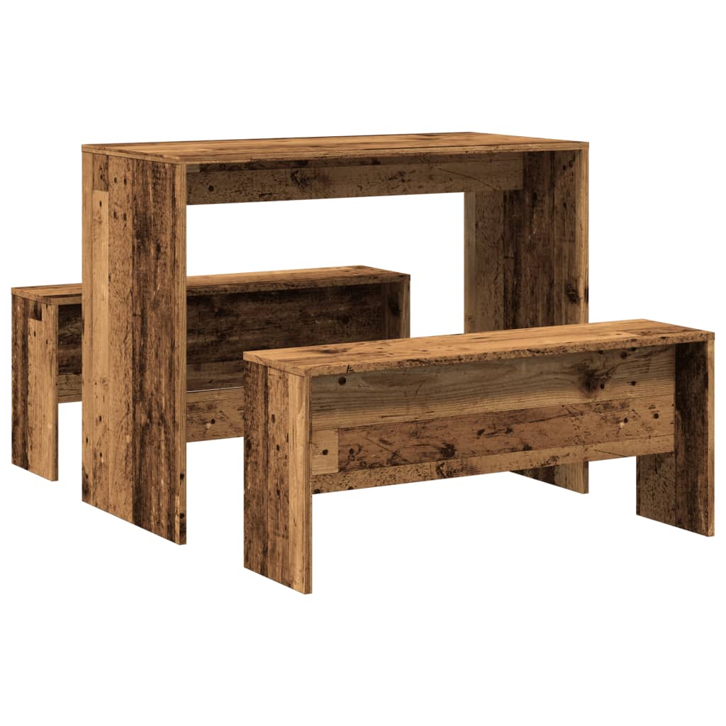 3 pcs conj. mesa jantar e banco deriv. de madeira madeira velha