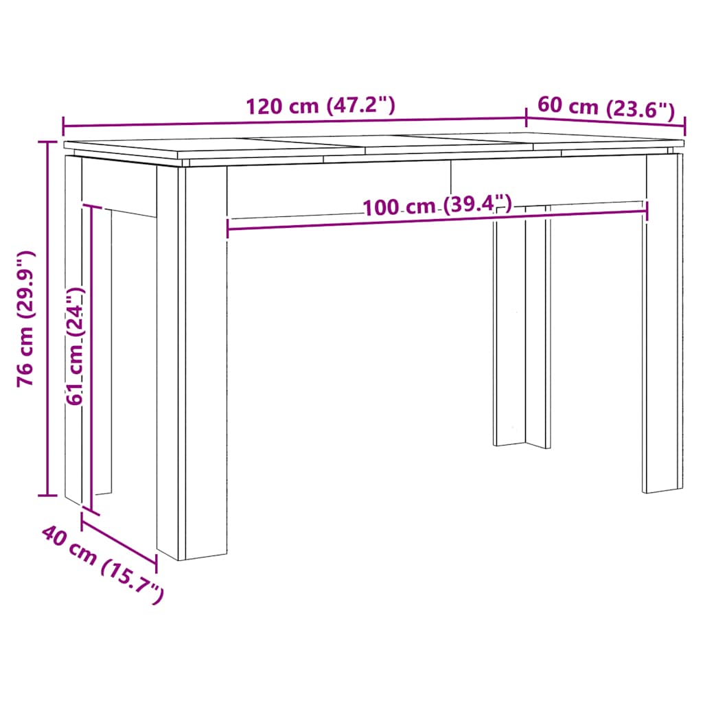 Mesa de jantar 120x60x76cm derivados madeira carvalho artisiano