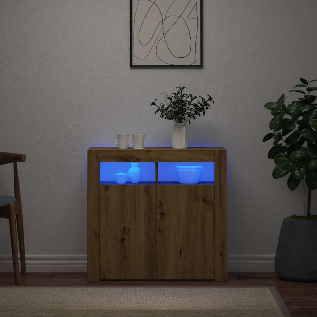 Aparador com LED 80x35x75 cm deriv. madeira carvalho artisiano