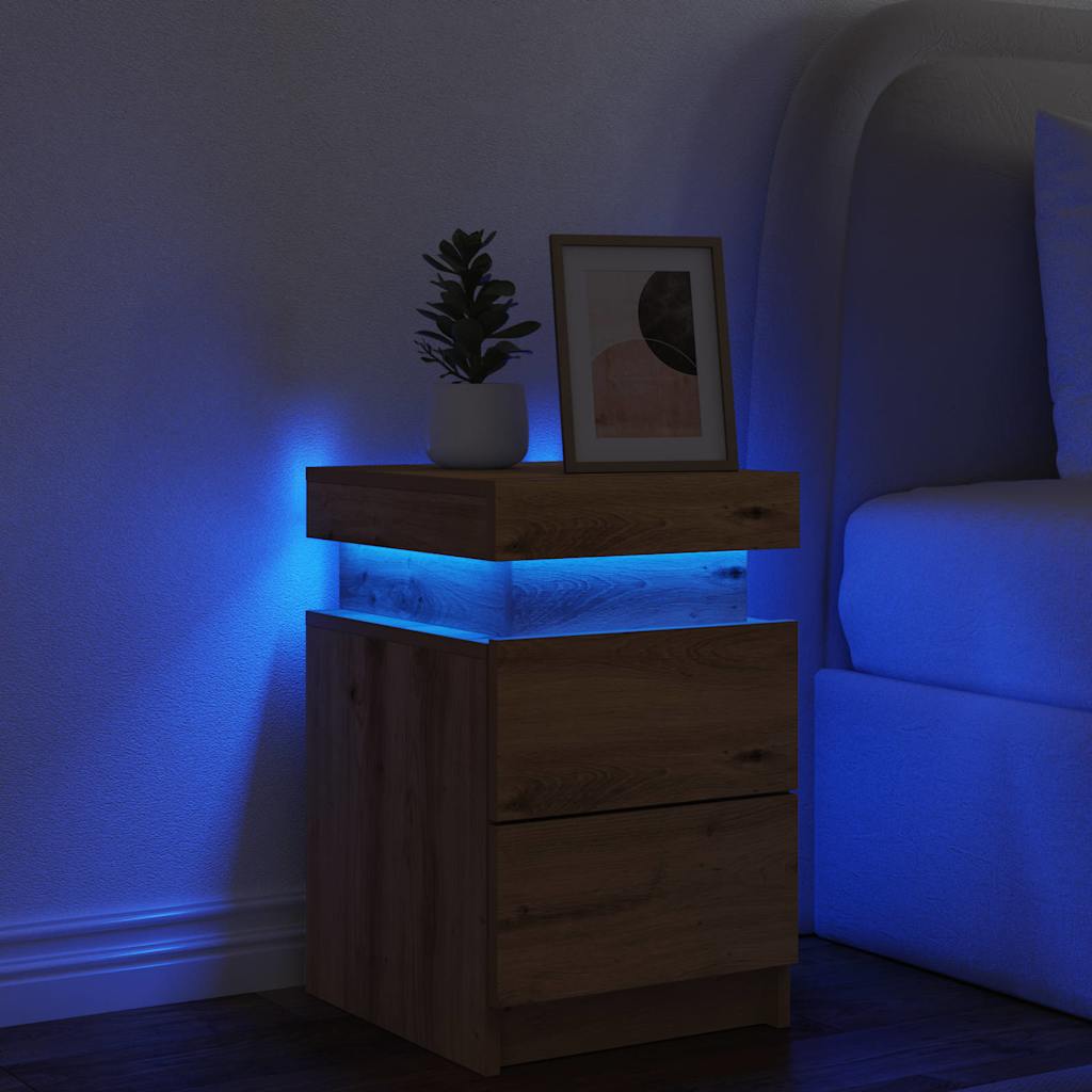 Mesa de cabeceira c/ LED derivados madeira carvalho artisiano
