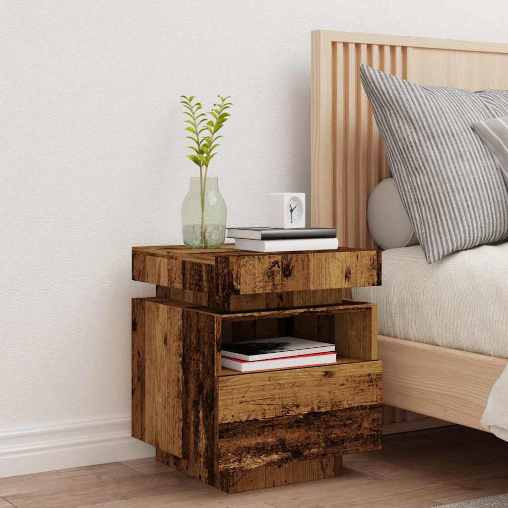 Mesa de cabeceira com luzes LED 40x39x48,5 cm madeira velha