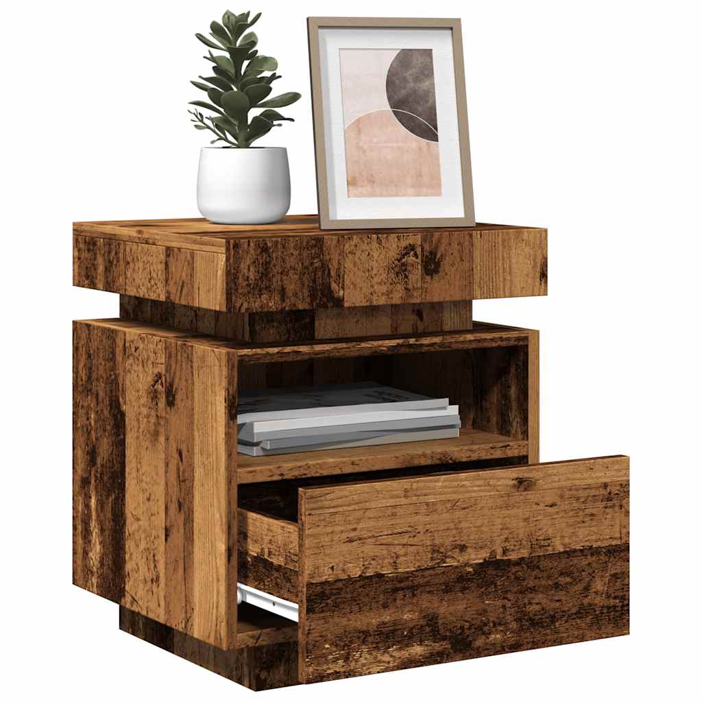 Mesa de cabeceira com luzes LED 40x39x48,5 cm madeira velha
