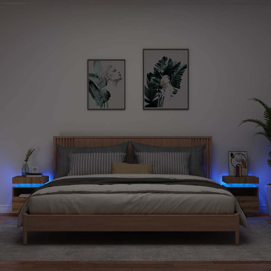 Mesas cabeceira c/luzes LED 2pc 40x39x48,5cm carvalho artisiano