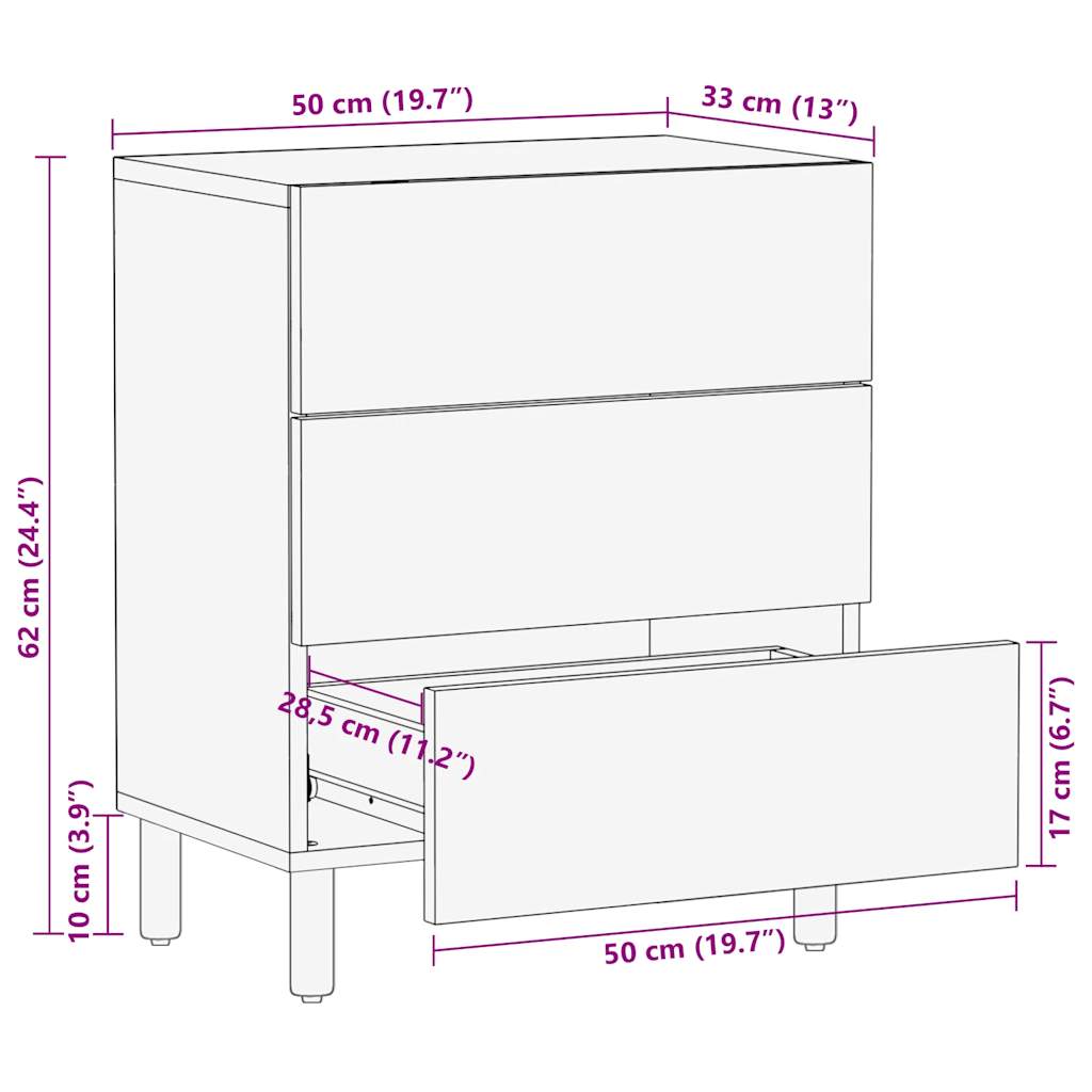 Mesa cabeceira 50x33x62cm madeira mangueira áspera maciça preto