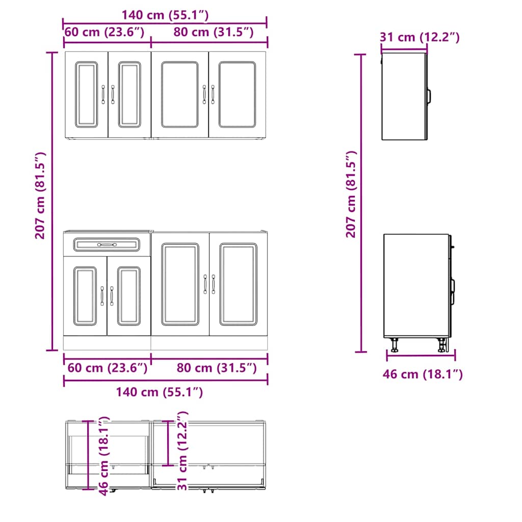 4 peças armário de cozinha conjunto Kalmar branco brilhante